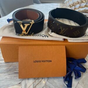 Louis Vuitton Black and Brown Set of 2 Men's Belts with Gold LV Buckle 90/36
